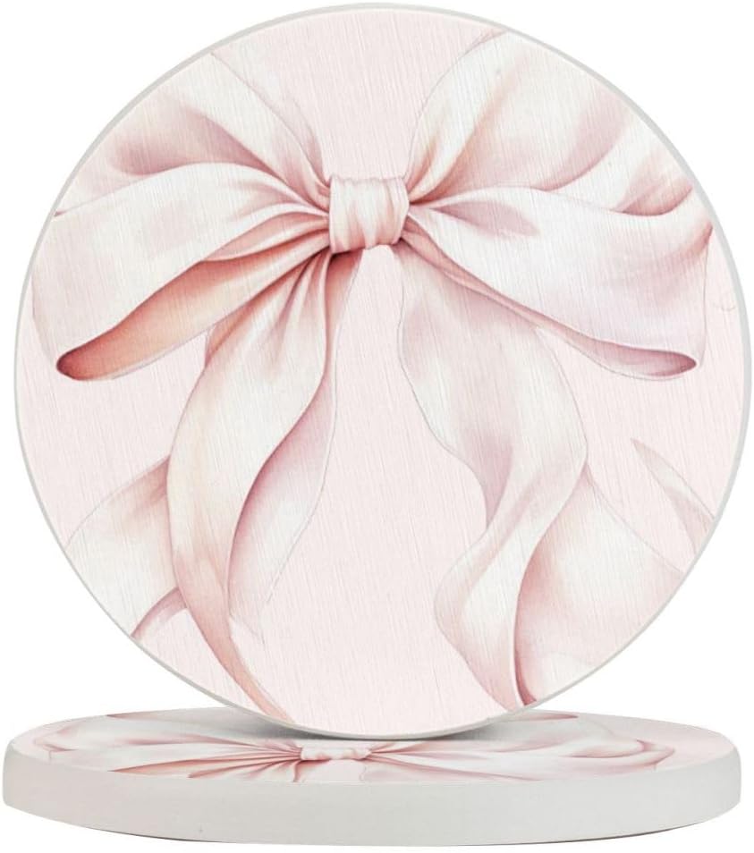 Light Pink Bow Round Drink Coasters Absorbent Coaster Set for Coffee Table Suitable for Kinds of Cups Home Decor 2 Piece