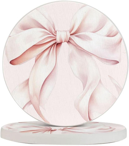 Light Pink Bow Round Drink Coasters Absorbent Coaster Set for Coffee Table Suitable for Kinds of Cups Home Decor 2 Piece