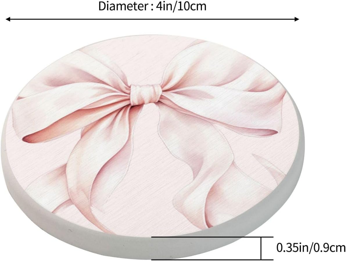 Light Pink Bow Round Drink Coasters Absorbent Coaster Set for Coffee Table Suitable for Kinds of Cups Home Decor 2 Piece