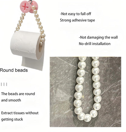 Pearl Bead Wall Toilet Paper Holder, Cute Pink Hanging Toilet Roll Holder