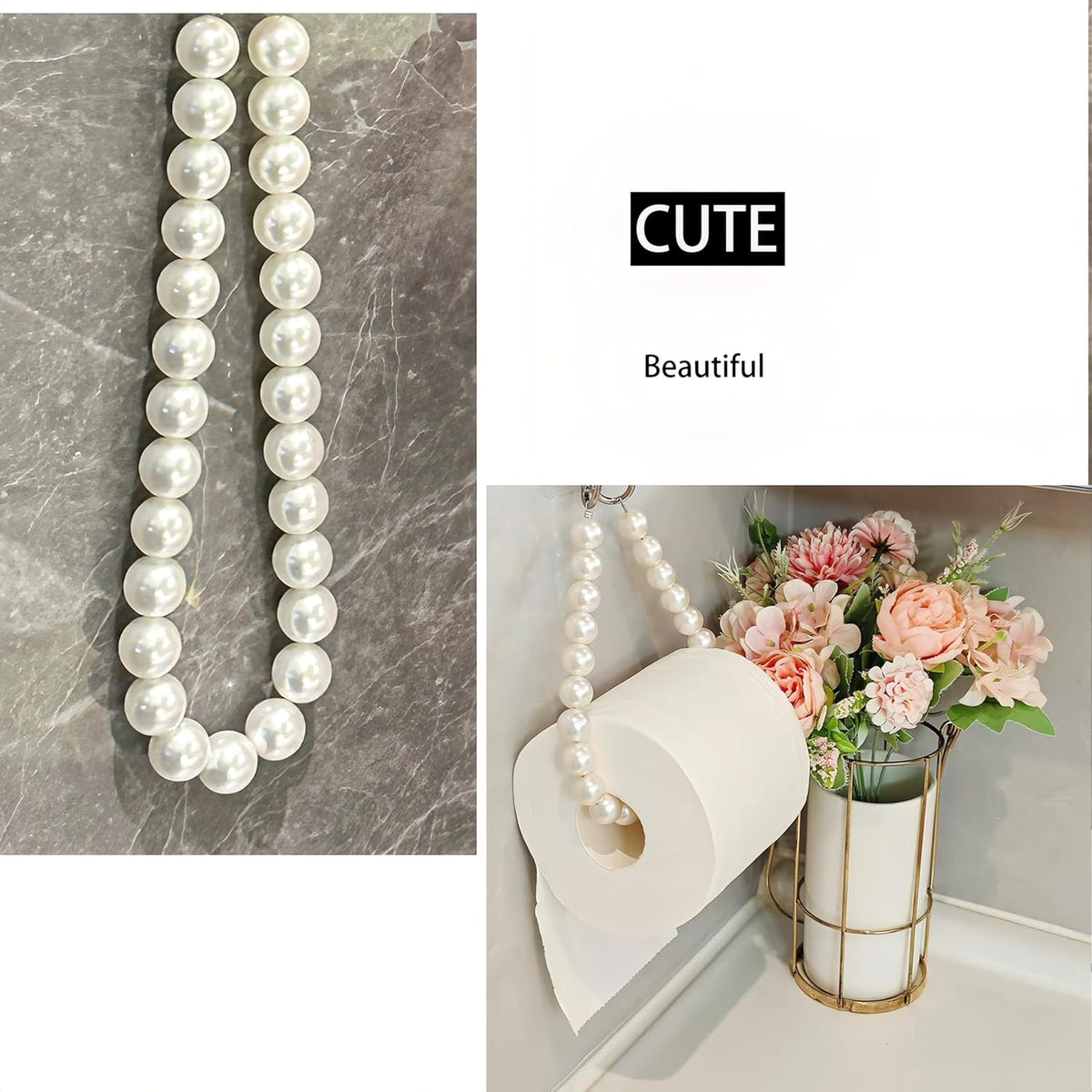 Pearl Bead Wall Toilet Paper Holder, Cute Pink Hanging Toilet Roll Holder
