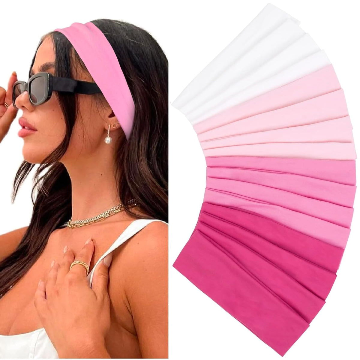 Pink Headbands for Women Valentines Day 16 Pack Elastic Hair Bands for Women' Hair Non Slip Soft Cloth Fabric Trendy Head Bands, White & Pink