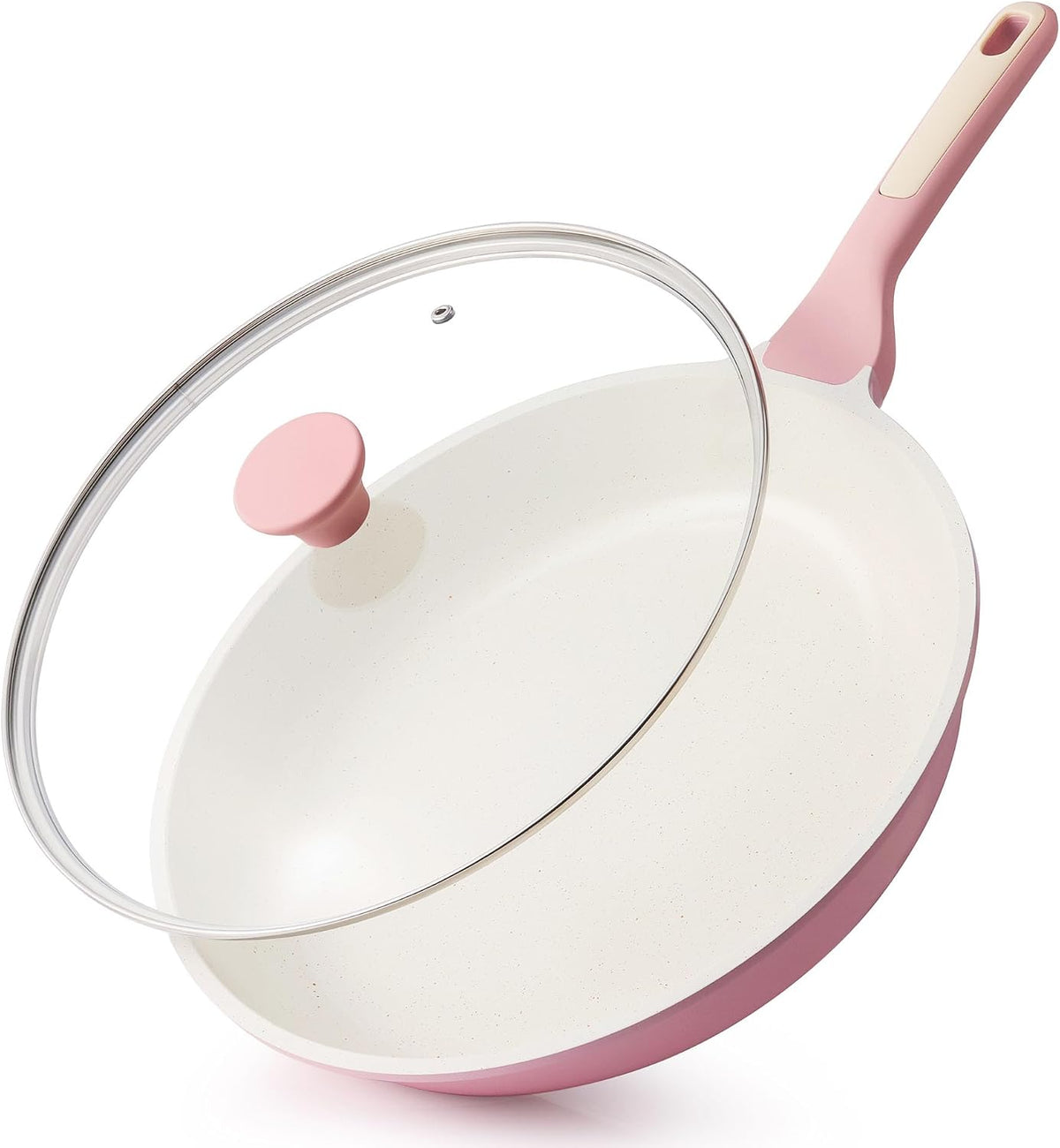 12.5In Nonstick Ceramic Frying Pan with Lid, PFAS/PTFE Free, Pink