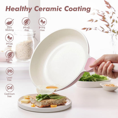 12.5In Nonstick Ceramic Frying Pan with Lid, PFAS/PTFE Free, Pink