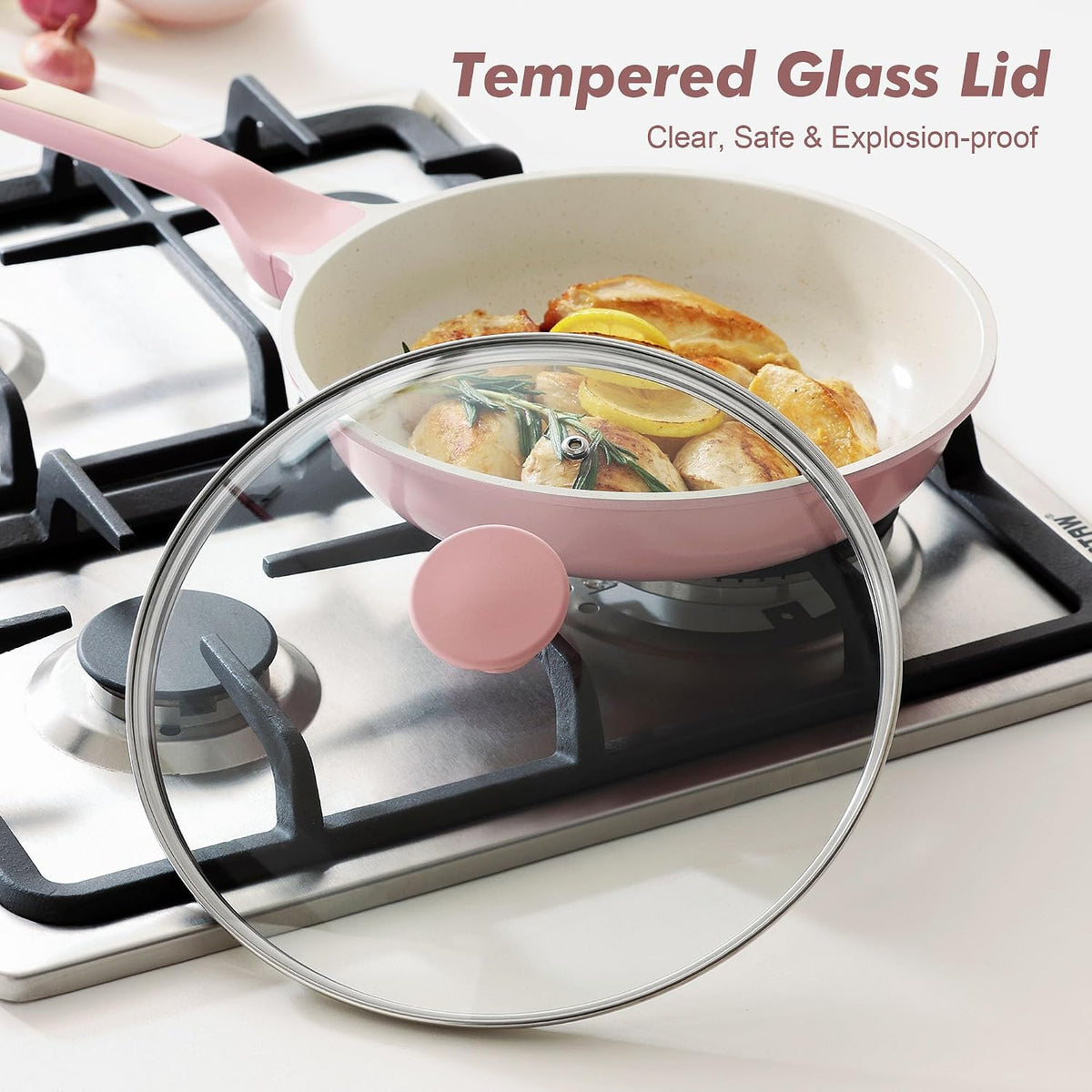 12.5In Nonstick Ceramic Frying Pan with Lid, PFAS/PTFE Free, Pink