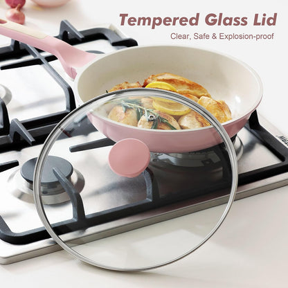 12.5In Nonstick Ceramic Frying Pan with Lid, PFAS/PTFE Free, Pink