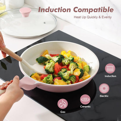 12.5In Nonstick Ceramic Frying Pan with Lid, PFAS/PTFE Free, Pink