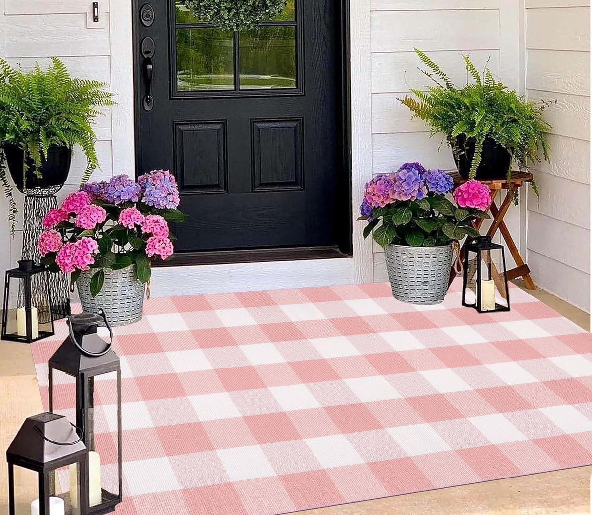 Pink and White Outdoor Rug 3'x5' Farmhouse Washable Front Door Mat