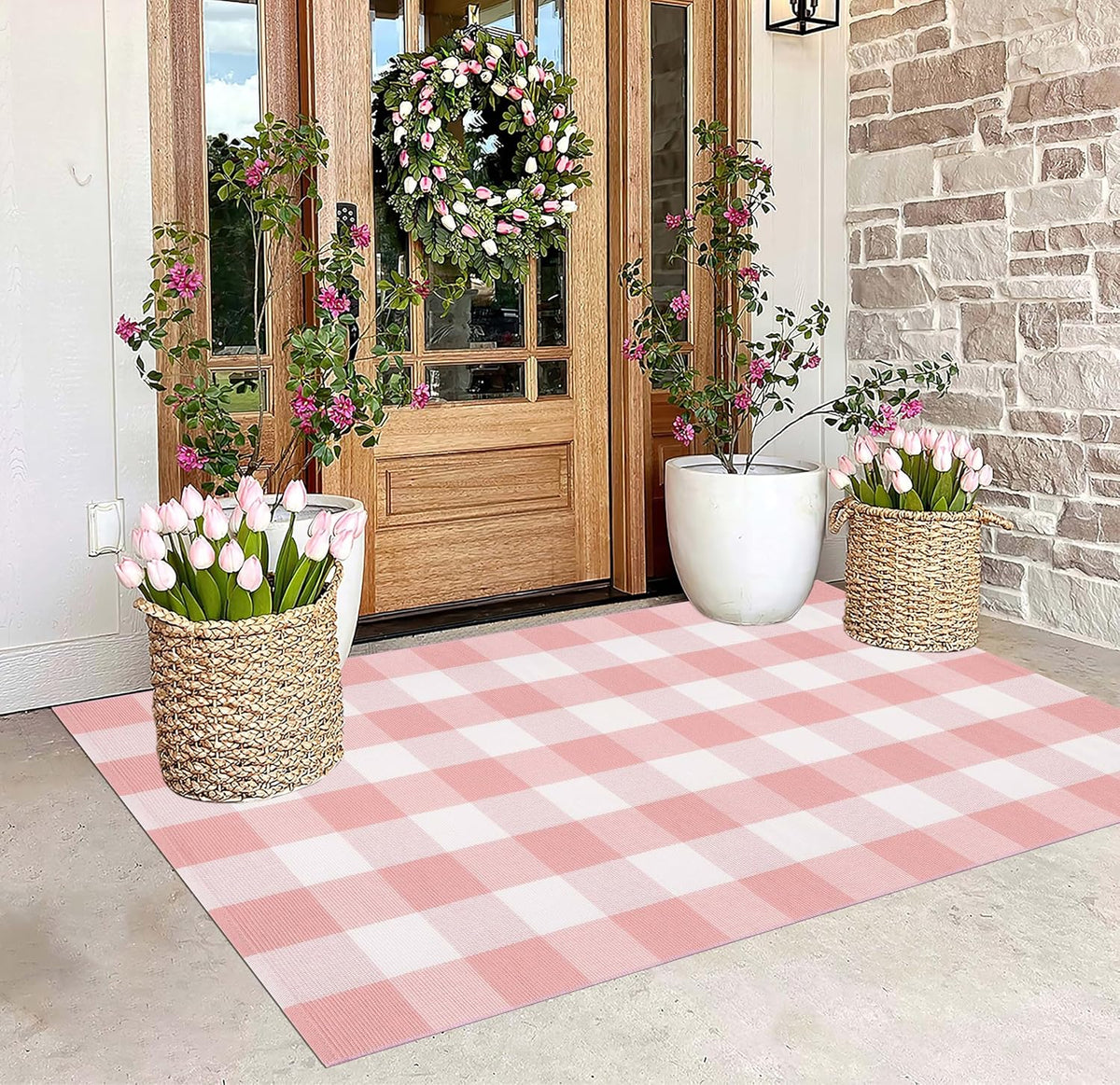 Pink and White Outdoor Rug 3'x5' Farmhouse Washable Front Door Mat