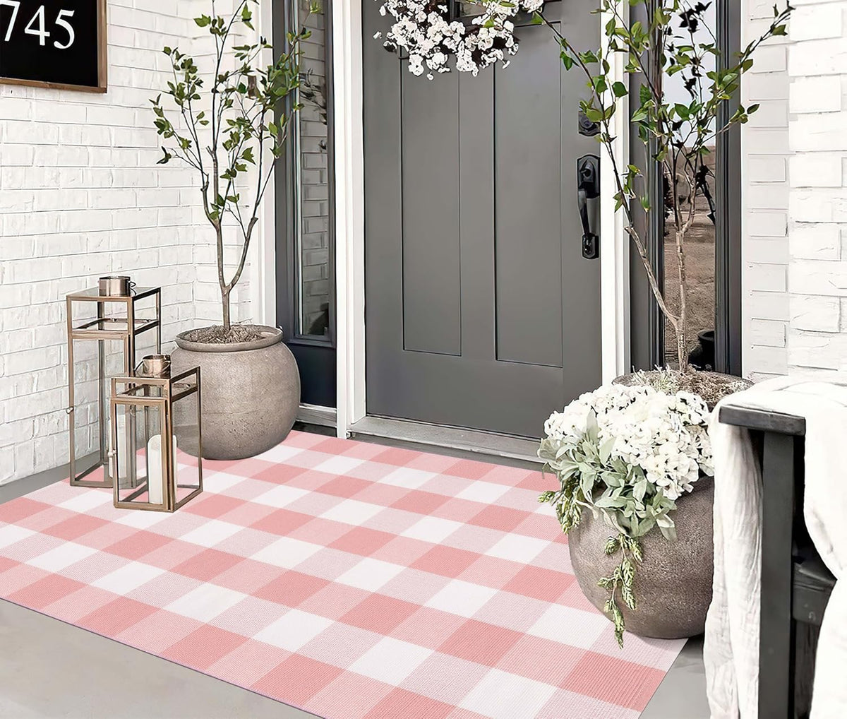 Pink and White Outdoor Rug 3'x5' Farmhouse Washable Front Door Mat
