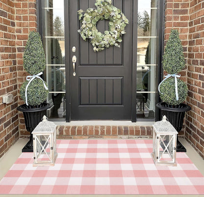 Pink and White Outdoor Rug 3'x5' Farmhouse Washable Front Door Mat