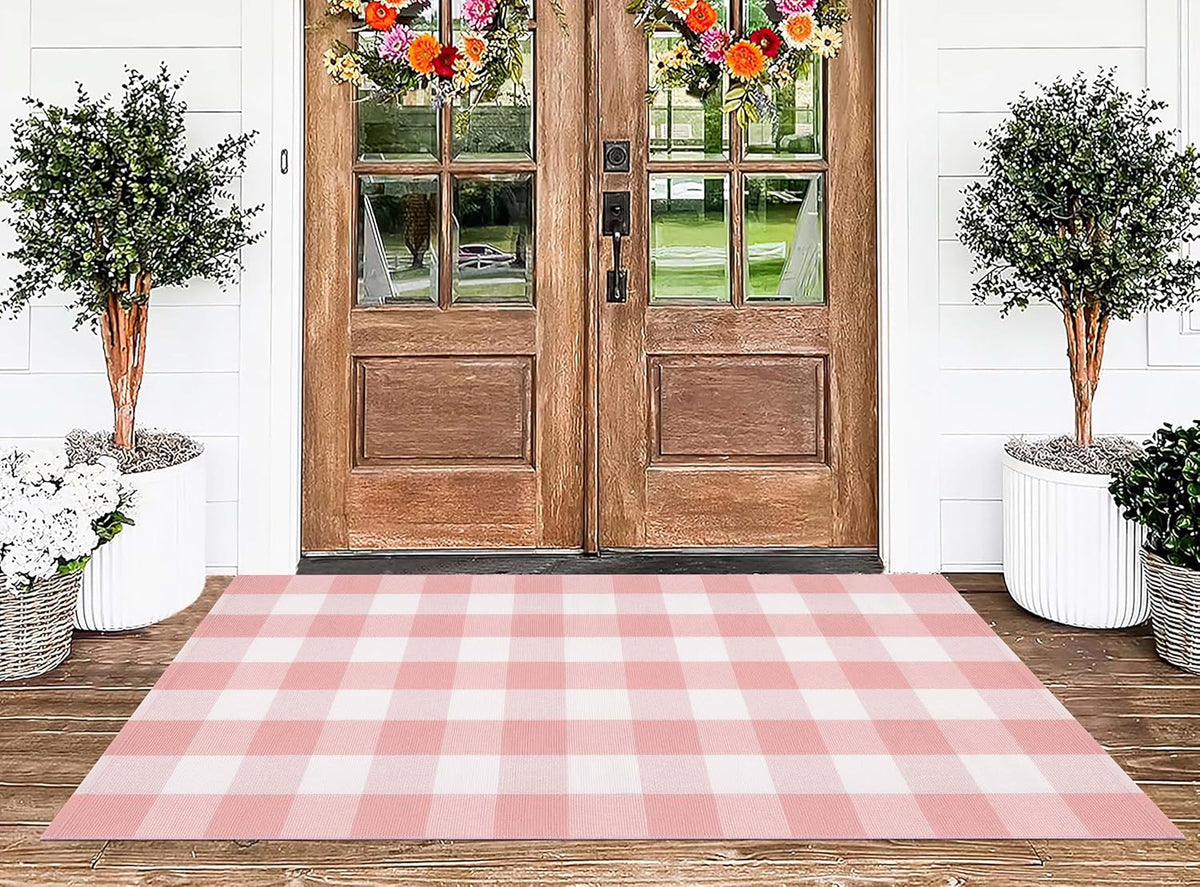 Pink and White Outdoor Rug 3'x5' Farmhouse Washable Front Door Mat