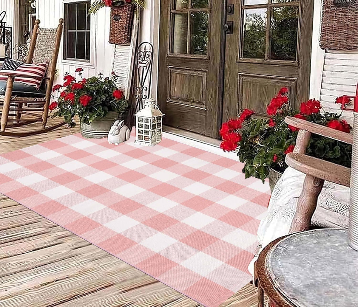 Pink and White Outdoor Rug 3'x5' Farmhouse Washable Front Door Mat
