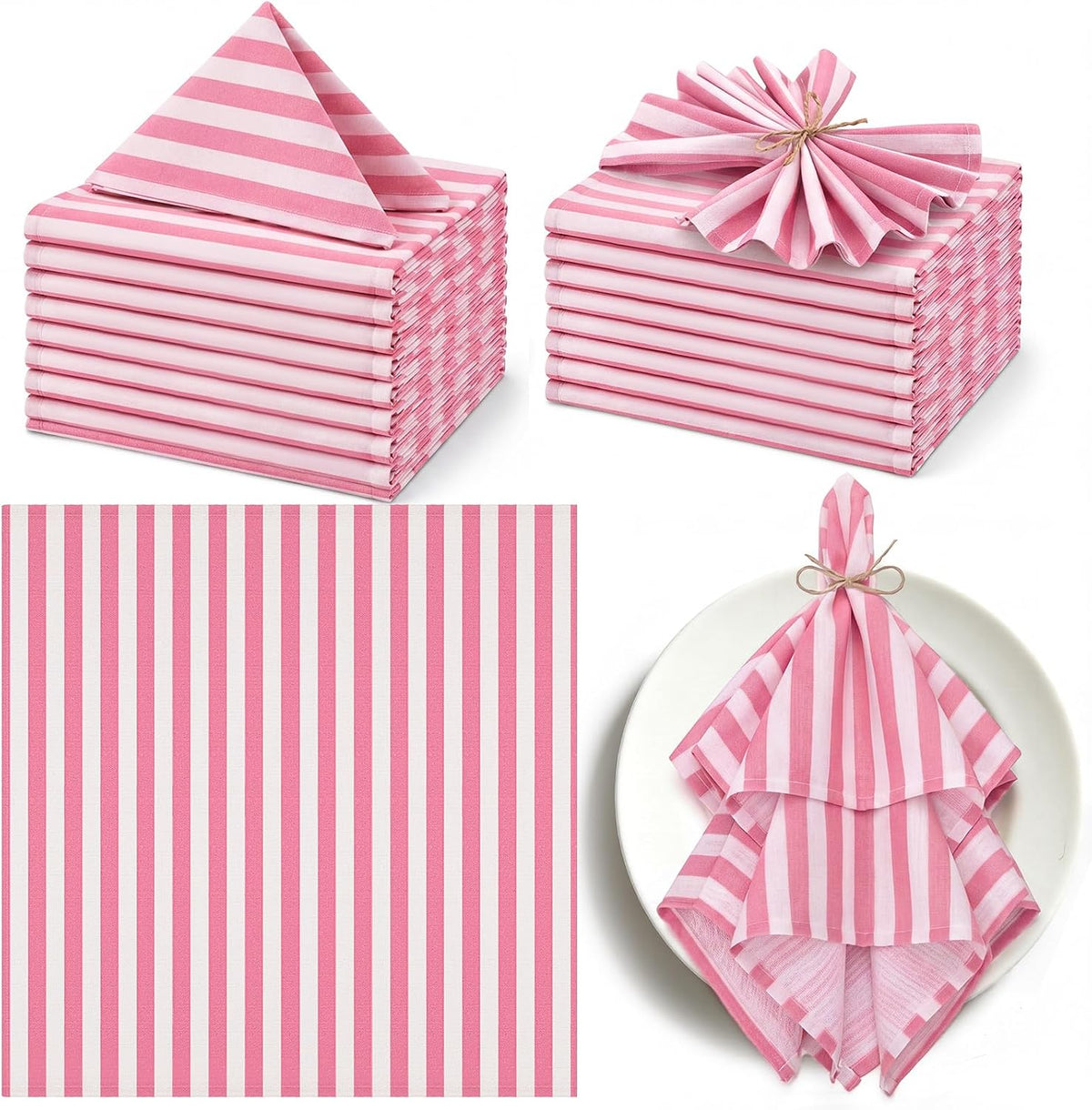 12 Pcs Pink and White Striped Cloth Napkins Reusable Home Decor
