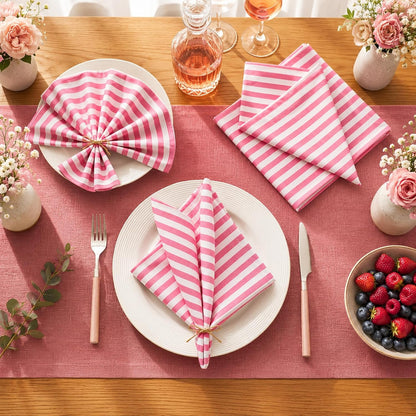 12 Pcs Pink and White Striped Cloth Napkins Reusable Home Decor