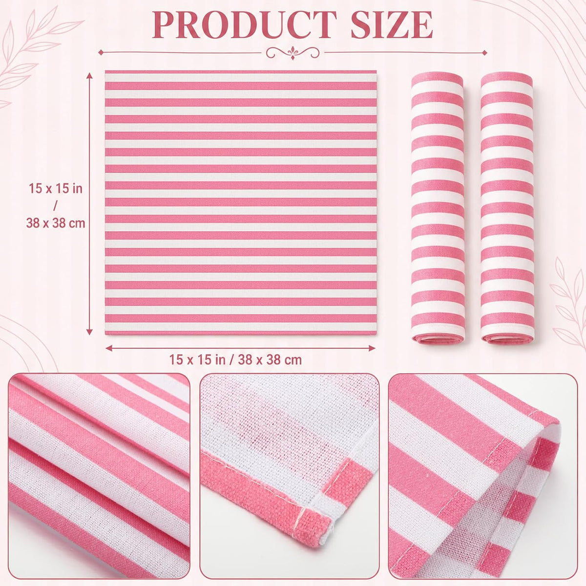 12 Pcs Pink and White Striped Cloth Napkins Reusable Home Decor