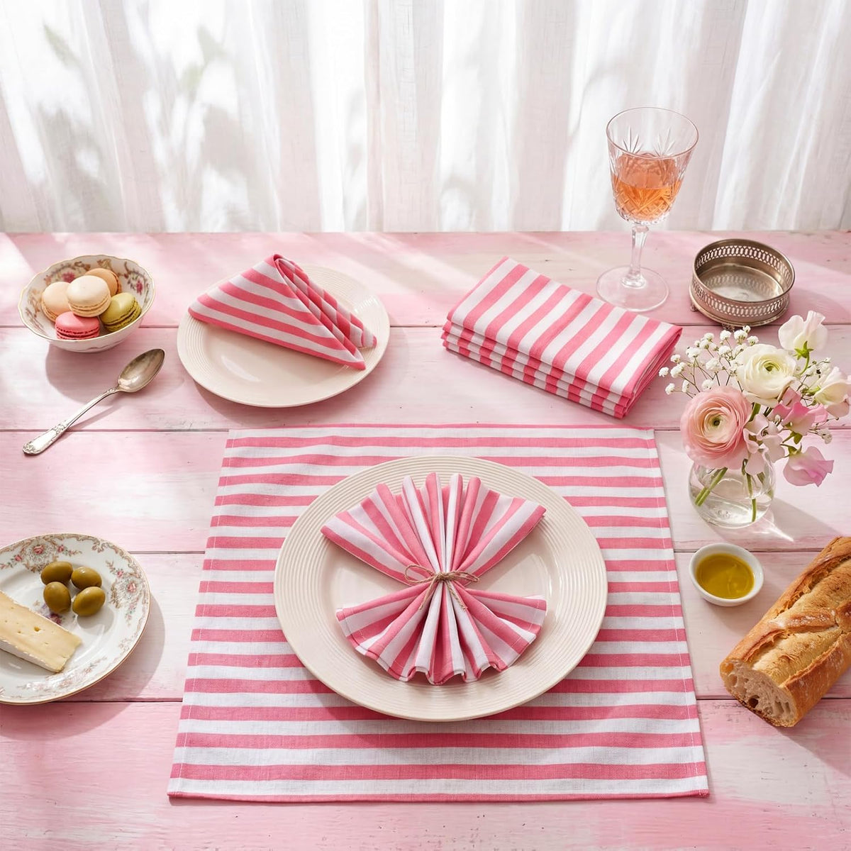 12 Pcs Pink and White Striped Cloth Napkins Reusable Home Decor