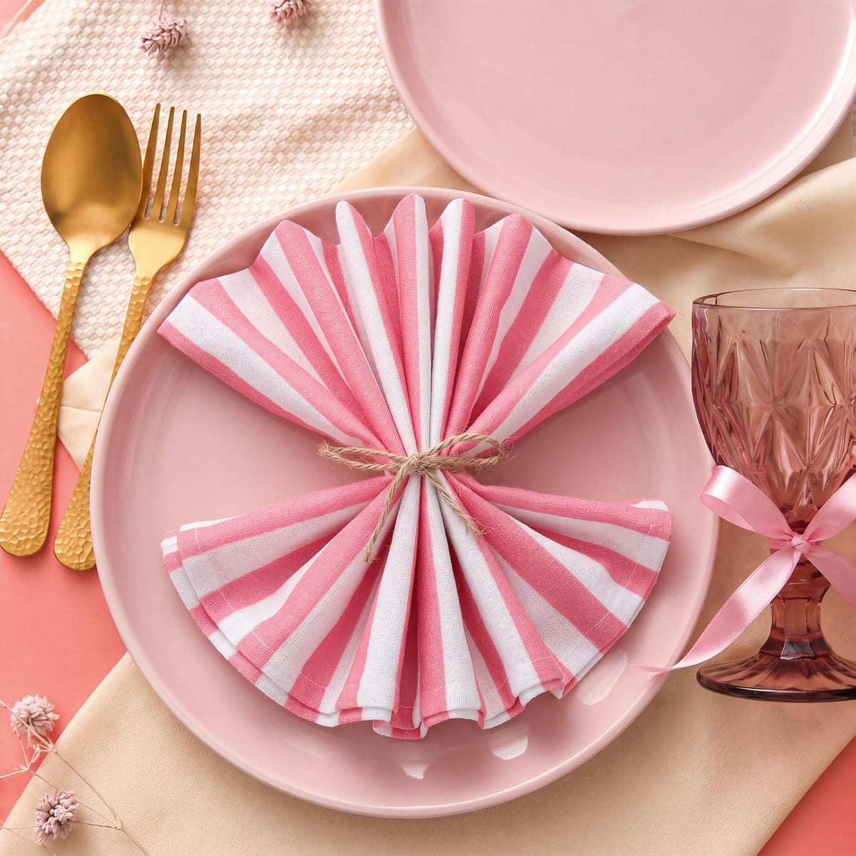 12 Pcs Pink and White Striped Cloth Napkins Reusable Home Decor