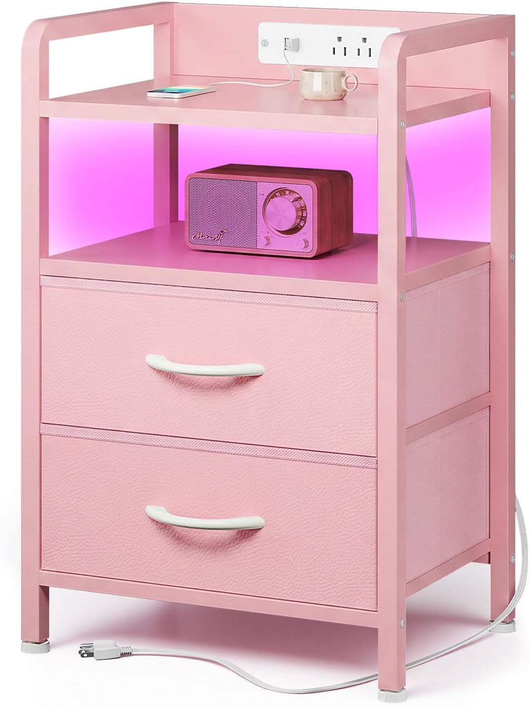Night Stand Bedside Charger Bedroom - Nightstand with Charging Station & LED Light Strip, Night Stand with Storage Shelf & 2 Fabric Drawers, Morden End Table with USB Ports&AC Outlets,Pink