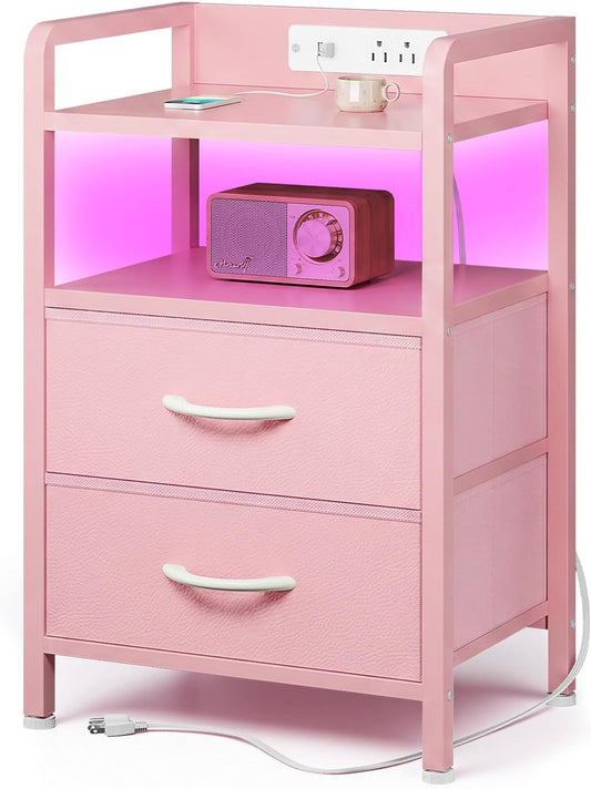 Night Stand Bedside Charger Bedroom - Nightstand with Charging Station & LED Light Strip, Night Stand with Storage Shelf & 2 Fabric Drawers, Morden End Table with USB Ports&AC Outlets,Pink