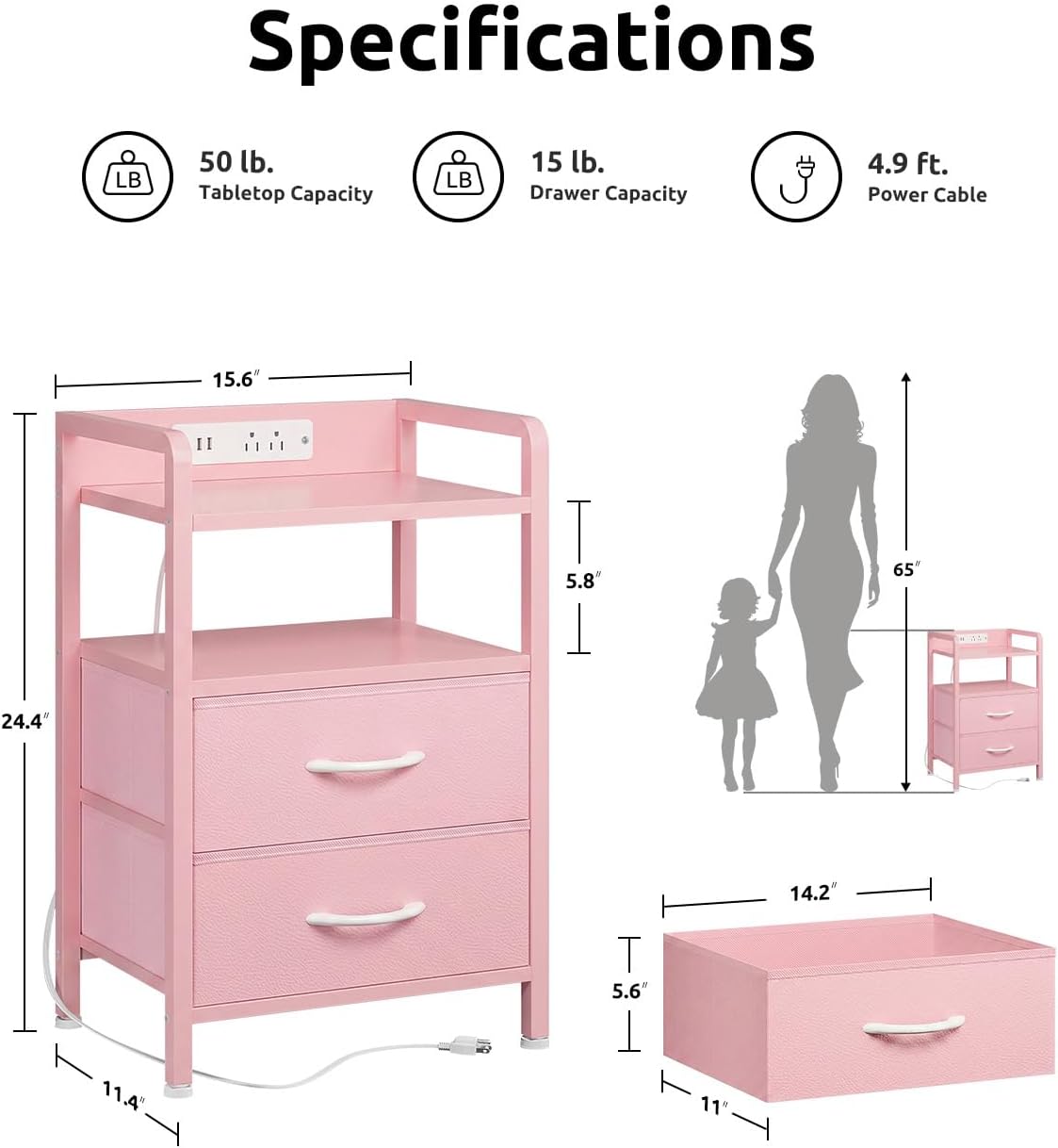 Night Stand Bedside Charger Bedroom - Nightstand with Charging Station & LED Light Strip, Night Stand with Storage Shelf & 2 Fabric Drawers, Morden End Table with USB Ports&AC Outlets,Pink