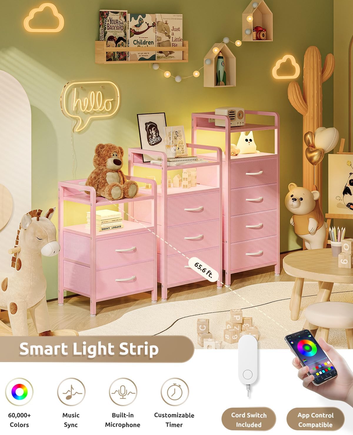 Night Stand Bedside Charger Bedroom - Nightstand with Charging Station & LED Light Strip, Night Stand with Storage Shelf & 2 Fabric Drawers, Morden End Table with USB Ports&AC Outlets,Pink