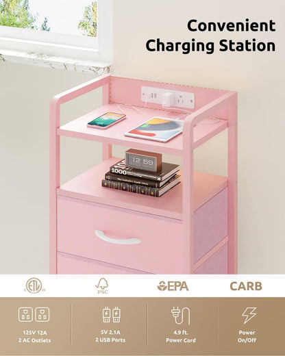 Night Stand Bedside Charger Bedroom - Nightstand with Charging Station & LED Light Strip, Night Stand with Storage Shelf & 2 Fabric Drawers, Morden End Table with USB Ports&AC Outlets,Pink