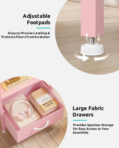 Night Stand Bedside Charger Bedroom - Nightstand with Charging Station & LED Light Strip, Night Stand with Storage Shelf & 2 Fabric Drawers, Morden End Table with USB Ports&AC Outlets,Pink