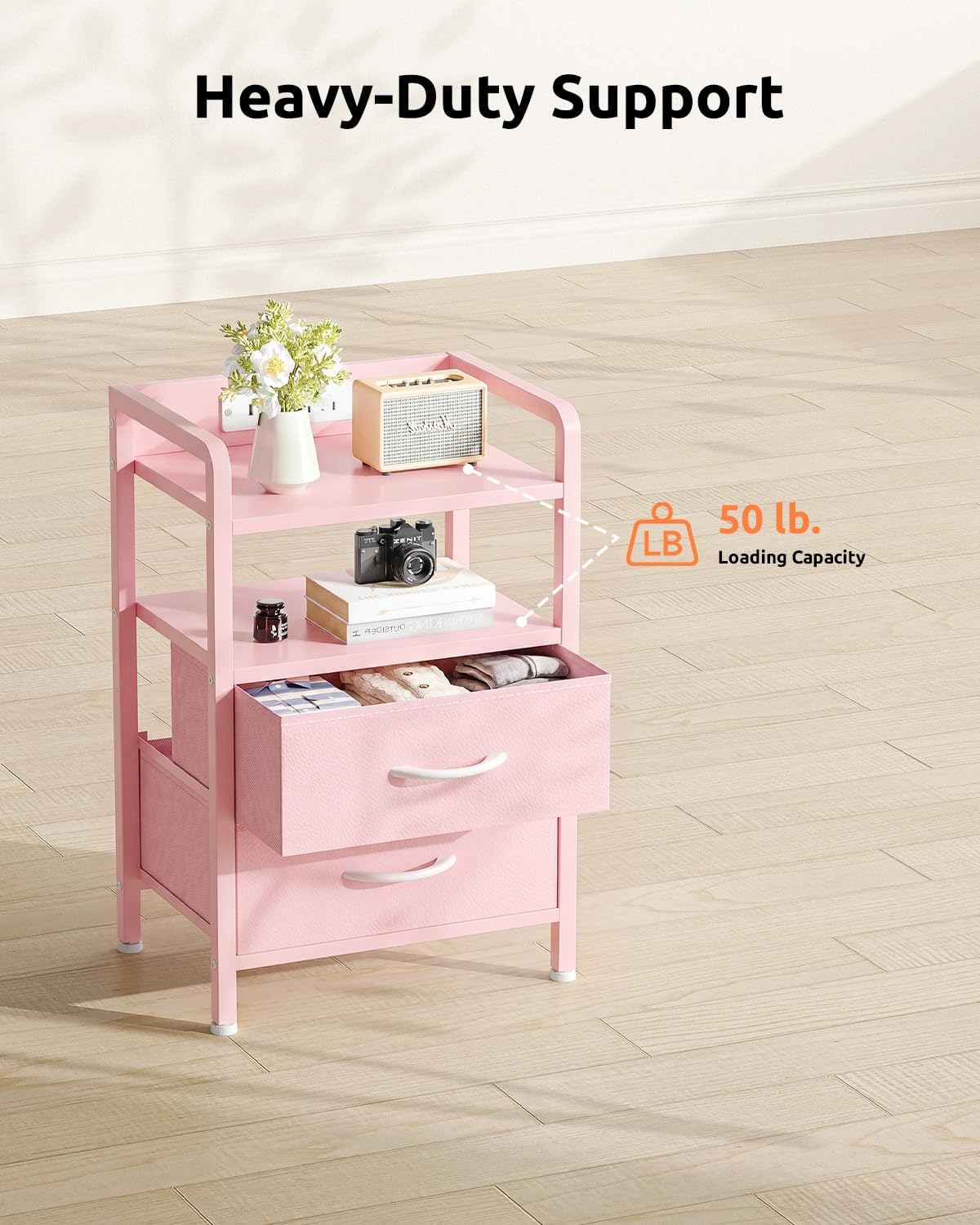 Night Stand Bedside Charger Bedroom - Nightstand with Charging Station & LED Light Strip, Night Stand with Storage Shelf & 2 Fabric Drawers, Morden End Table with USB Ports&AC Outlets,Pink