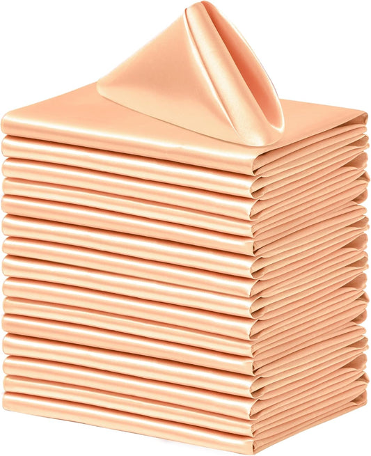 24 Pack Square Satin Dinner Napkins, 17x17 Inches Silky Soft Smooth Table Cloth Napkins for Restaurant Weddings Banquet Party Decoration, Peach
