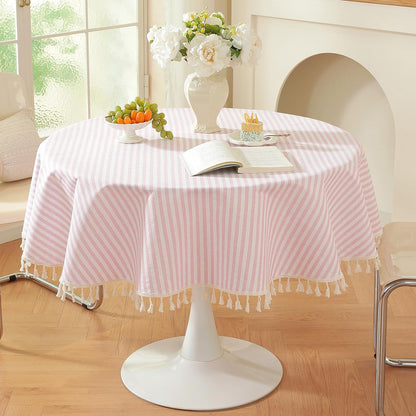 Striped Round Tablecloth, Cotton Blend Fabric Pink Circle Table Cloth with Tassel, Washable Wrinkle Free Table Cover Cute Small Tablecloths for Card Coffee Tables Home Party - Round 60 Inch