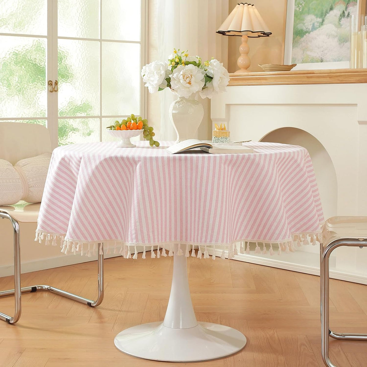 Striped Round Tablecloth, Cotton Blend Fabric Pink Circle Table Cloth with Tassel, Washable Wrinkle Free Table Cover Cute Small Tablecloths for Card Coffee Tables Home Party - Round 60 Inch