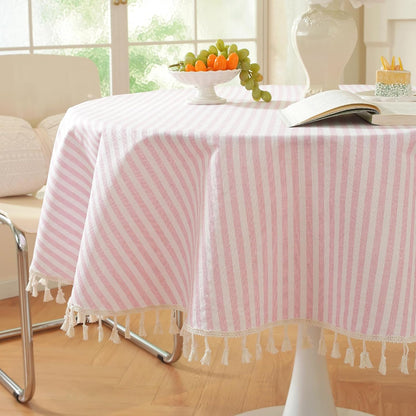 Striped Round Tablecloth, Cotton Blend Fabric Pink Circle Table Cloth with Tassel, Washable Wrinkle Free Table Cover Cute Small Tablecloths for Card Coffee Tables Home Party - Round 60 Inch