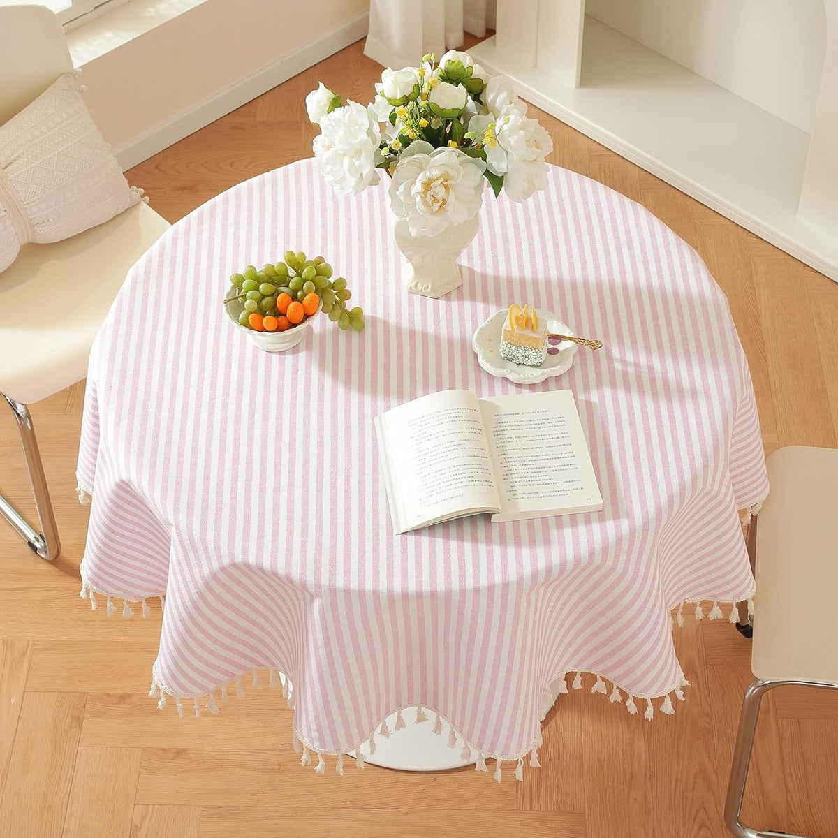 Striped Round Tablecloth, Cotton Blend Fabric Pink Circle Table Cloth with Tassel, Washable Wrinkle Free Table Cover Cute Small Tablecloths for Card Coffee Tables Home Party - Round 60 Inch
