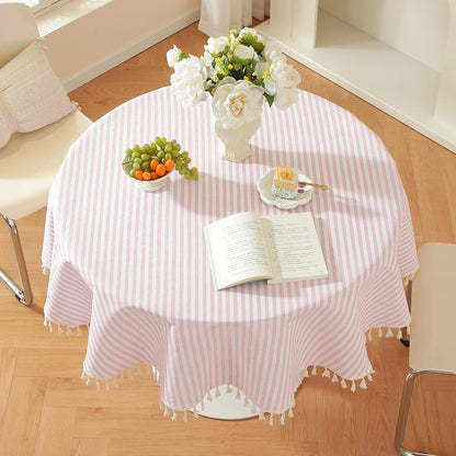 Striped Round Tablecloth, Cotton Blend Fabric Pink Circle Table Cloth with Tassel, Washable Wrinkle Free Table Cover Cute Small Tablecloths for Card Coffee Tables Home Party - Round 60 Inch