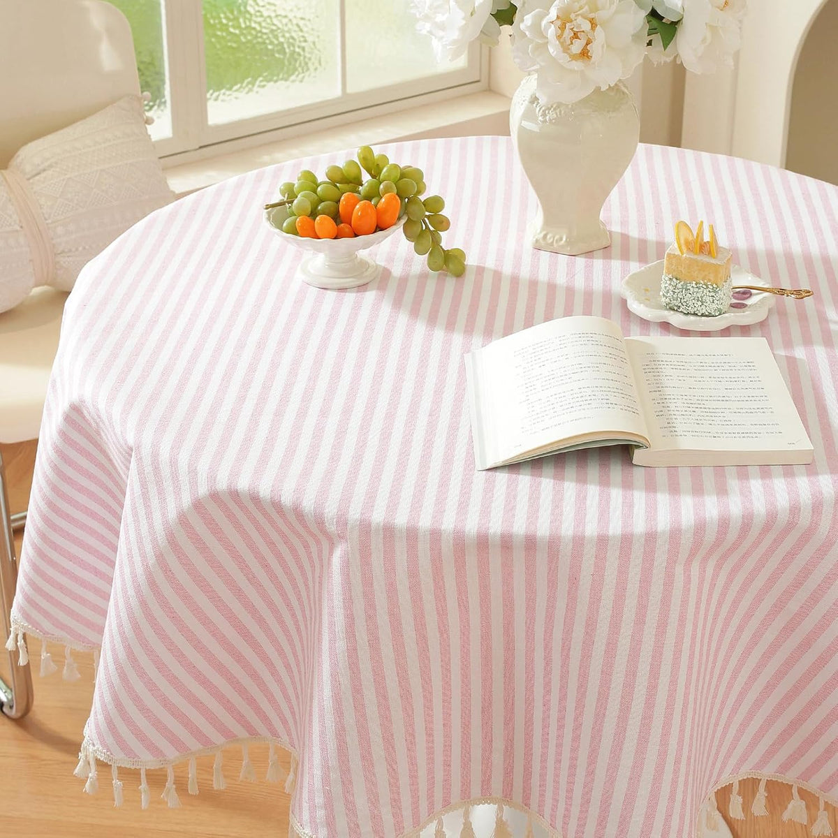 Striped Round Tablecloth, Cotton Blend Fabric Pink Circle Table Cloth with Tassel, Washable Wrinkle Free Table Cover Cute Small Tablecloths for Card Coffee Tables Home Party - Round 60 Inch