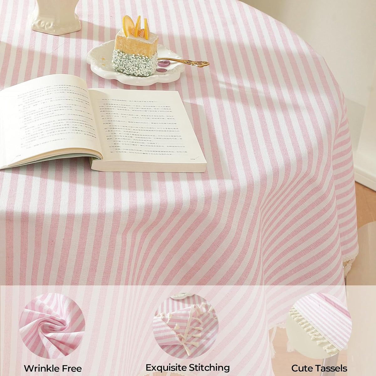 Striped Round Tablecloth, Cotton Blend Fabric Pink Circle Table Cloth with Tassel, Washable Wrinkle Free Table Cover Cute Small Tablecloths for Card Coffee Tables Home Party - Round 60 Inch