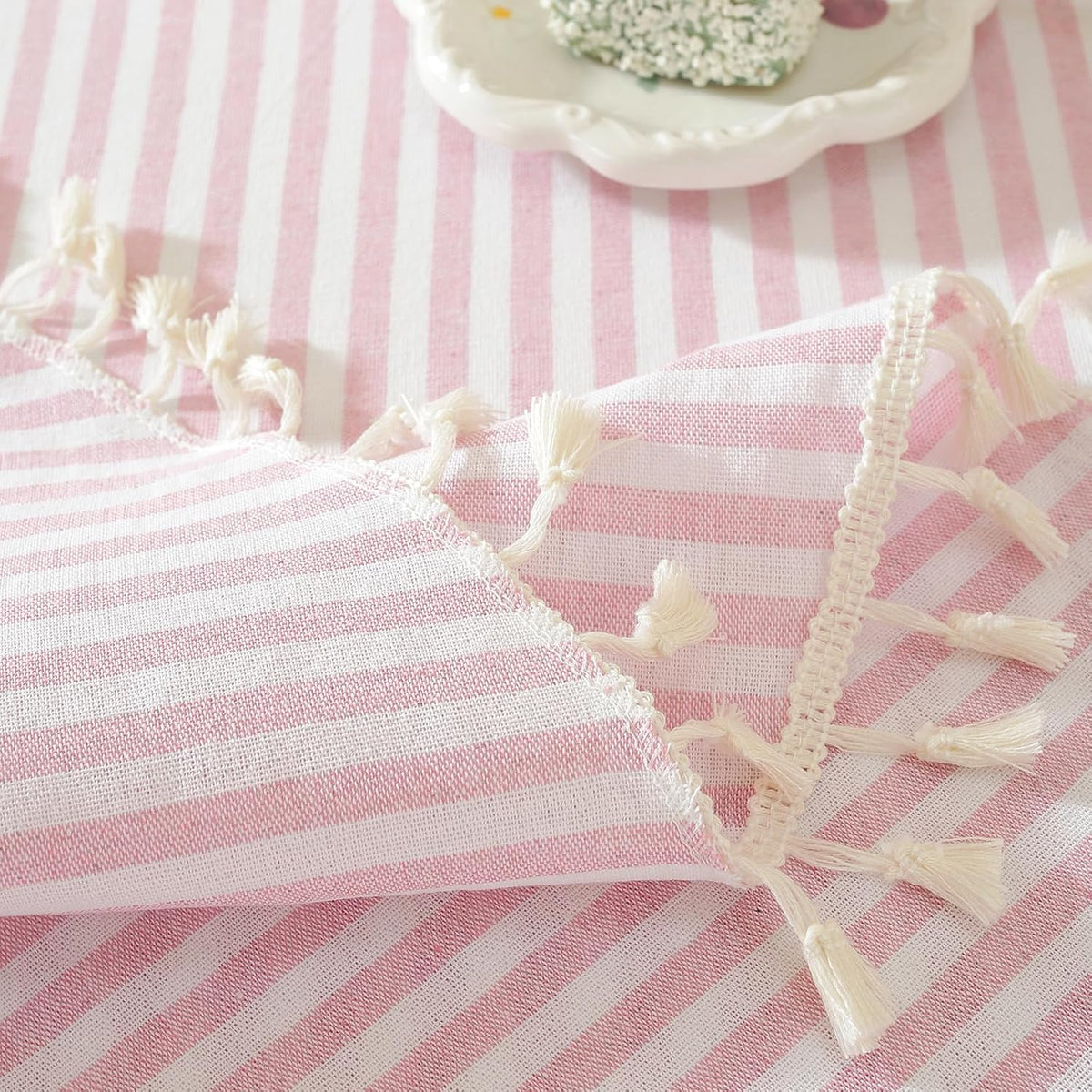 Striped Round Tablecloth, Cotton Blend Fabric Pink Circle Table Cloth with Tassel, Washable Wrinkle Free Table Cover Cute Small Tablecloths for Card Coffee Tables Home Party - Round 60 Inch