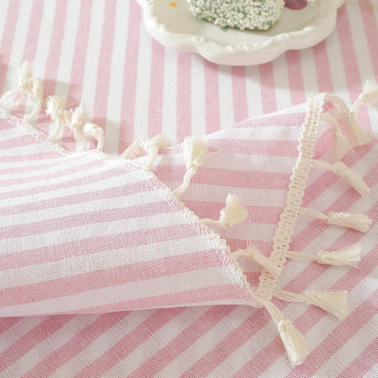 Striped Round Tablecloth, Cotton Blend Fabric Pink Circle Table Cloth with Tassel, Washable Wrinkle Free Table Cover Cute Small Tablecloths for Card Coffee Tables Home Party - Round 60 Inch