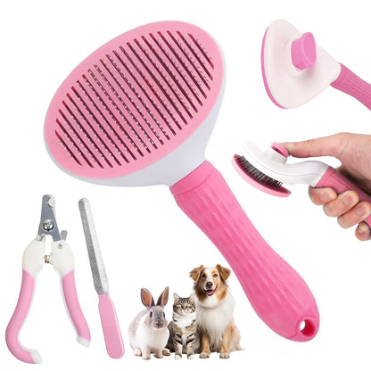 Aglads 3PCS Cat Rabbit Bunny Dog Grooming Kit, Self-Cleaning Slicker Cat & Dog Brush for Shedding, Fine-Needle Comb, Pet Nail Clipper & File for Long/Short-Haired Pets, Easy to Remove Loose (3, pink)
