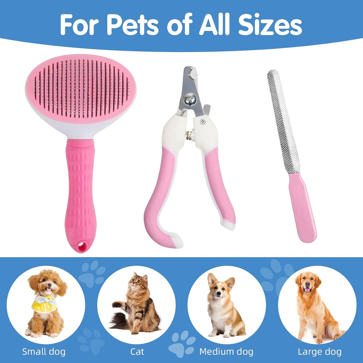 Aglads 3PCS Cat Rabbit Bunny Dog Grooming Kit, Self-Cleaning Slicker Cat & Dog Brush for Shedding, Fine-Needle Comb, Pet Nail Clipper & File for Long/Short-Haired Pets, Easy to Remove Loose (3, pink)