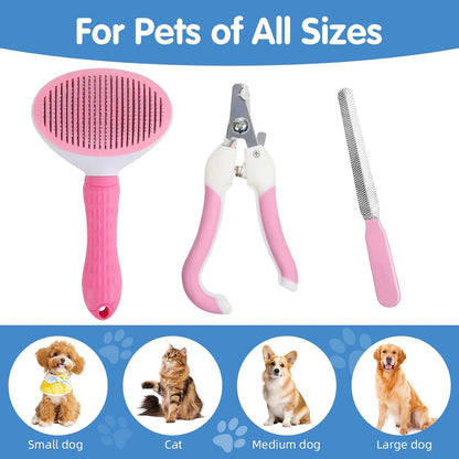 Aglads 3PCS Cat Rabbit Bunny Dog Grooming Kit, Self-Cleaning Slicker Cat & Dog Brush for Shedding, Fine-Needle Comb, Pet Nail Clipper & File for Long/Short-Haired Pets, Easy to Remove Loose (3, pink)