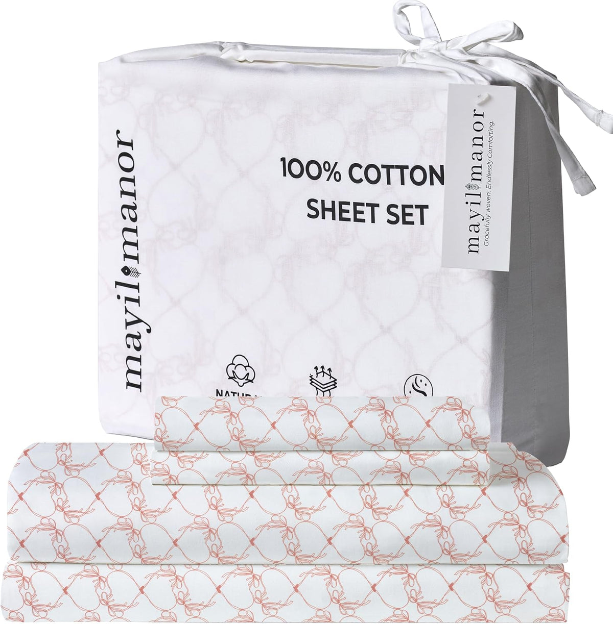 Full Size Fitted Sheet with 18" Deep Pockets, Flat Sheet - Percale Weave Natural - Breathable 100% Cotton Bedding, 1 Fitted Sheet + 1 Flat Sheet + 2 Pillowcases - Pink Bows Print