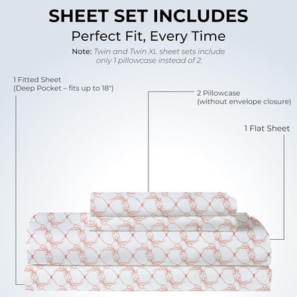 Full Size Fitted Sheet with 18" Deep Pockets, Flat Sheet - Percale Weave Natural - Breathable 100% Cotton Bedding, 1 Fitted Sheet + 1 Flat Sheet + 2 Pillowcases - Pink Bows Print