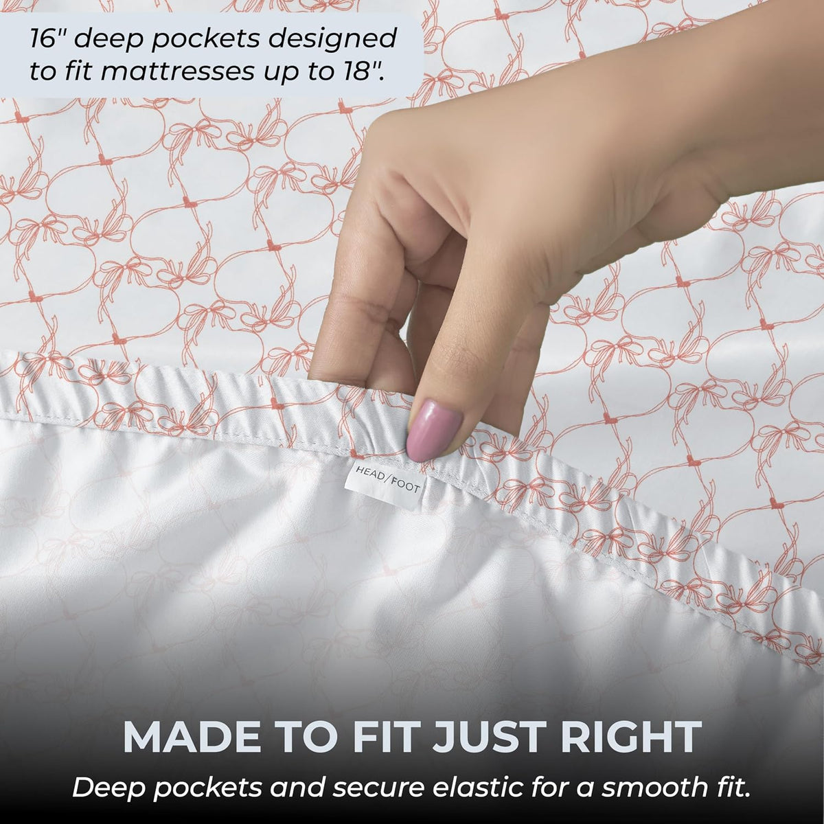 Full Size Fitted Sheet with 18" Deep Pockets, Flat Sheet - Percale Weave Natural - Breathable 100% Cotton Bedding, 1 Fitted Sheet + 1 Flat Sheet + 2 Pillowcases - Pink Bows Print