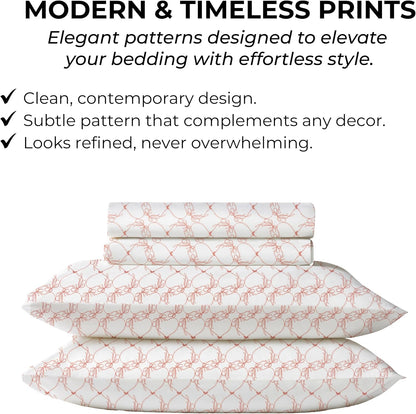 Full Size Fitted Sheet with 18" Deep Pockets, Flat Sheet - Percale Weave Natural - Breathable 100% Cotton Bedding, 1 Fitted Sheet + 1 Flat Sheet + 2 Pillowcases - Pink Bows Print