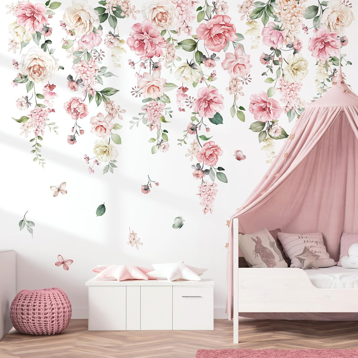 Pink Flowers Wall Decals Hanging Vine Floral Wall Stickers (XL)