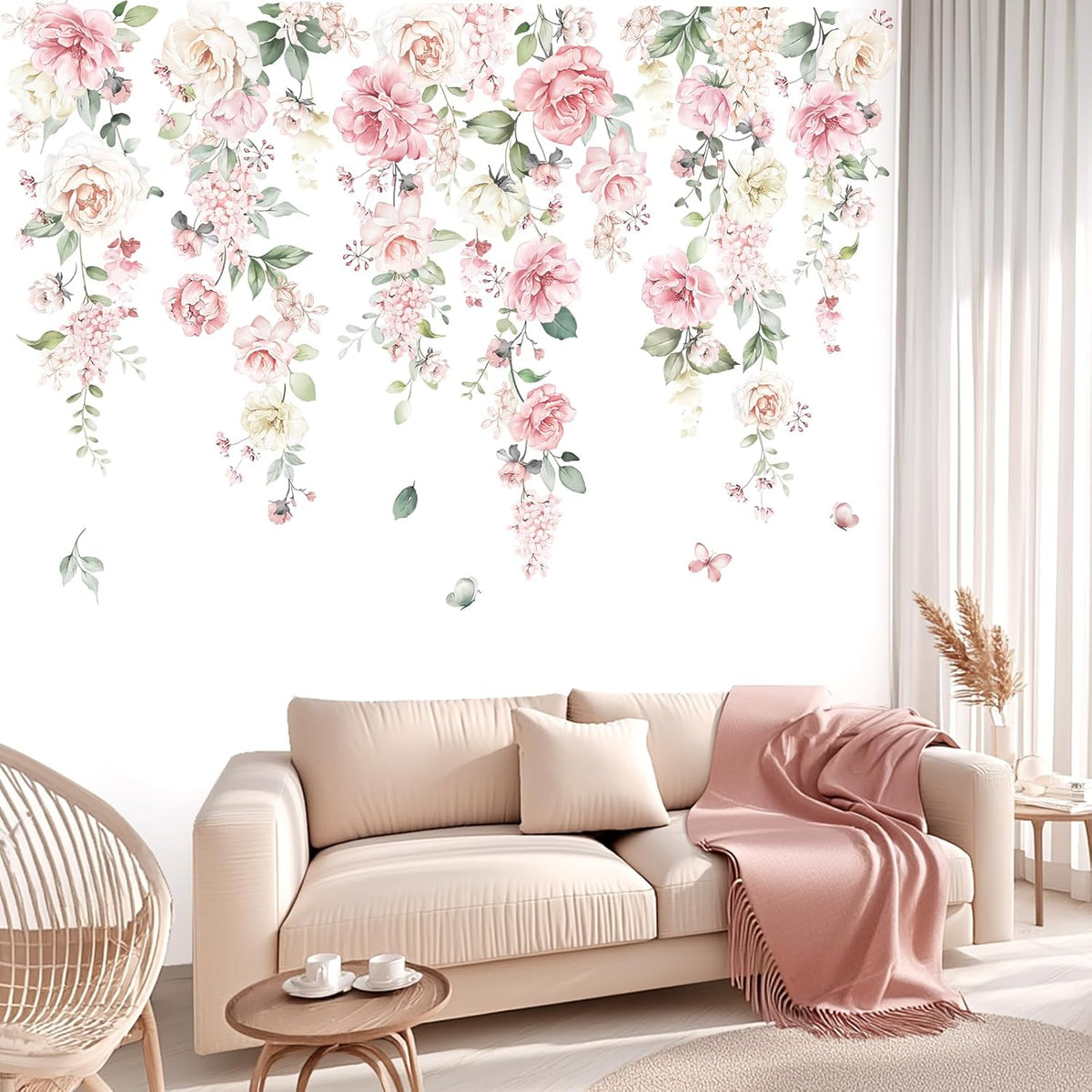 Pink Flowers Wall Decals Hanging Vine Floral Wall Stickers (XL)