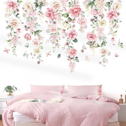 Pink Flowers Wall Decals Hanging Vine Floral Wall Stickers (XL)