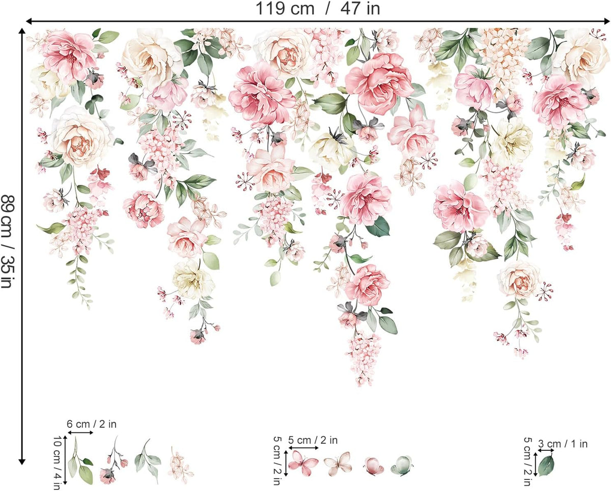 Pink Flowers Wall Decals Hanging Vine Floral Wall Stickers (XL)
